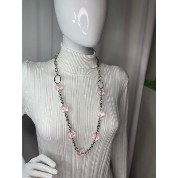 silver tone chunky chain link necklace with faceted pink resin beads jewelry - Picture 13 of 16